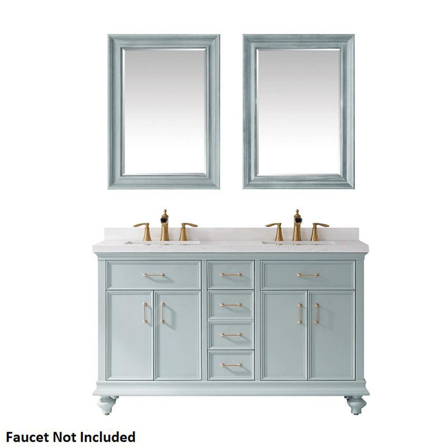 Vinnova Charlotte 60" Finnish Green Freestanding Double Vanity Set In White Carrara Composite Quartz Stone Top With Undermount Ceramic Sink, Backsplash and Mirror