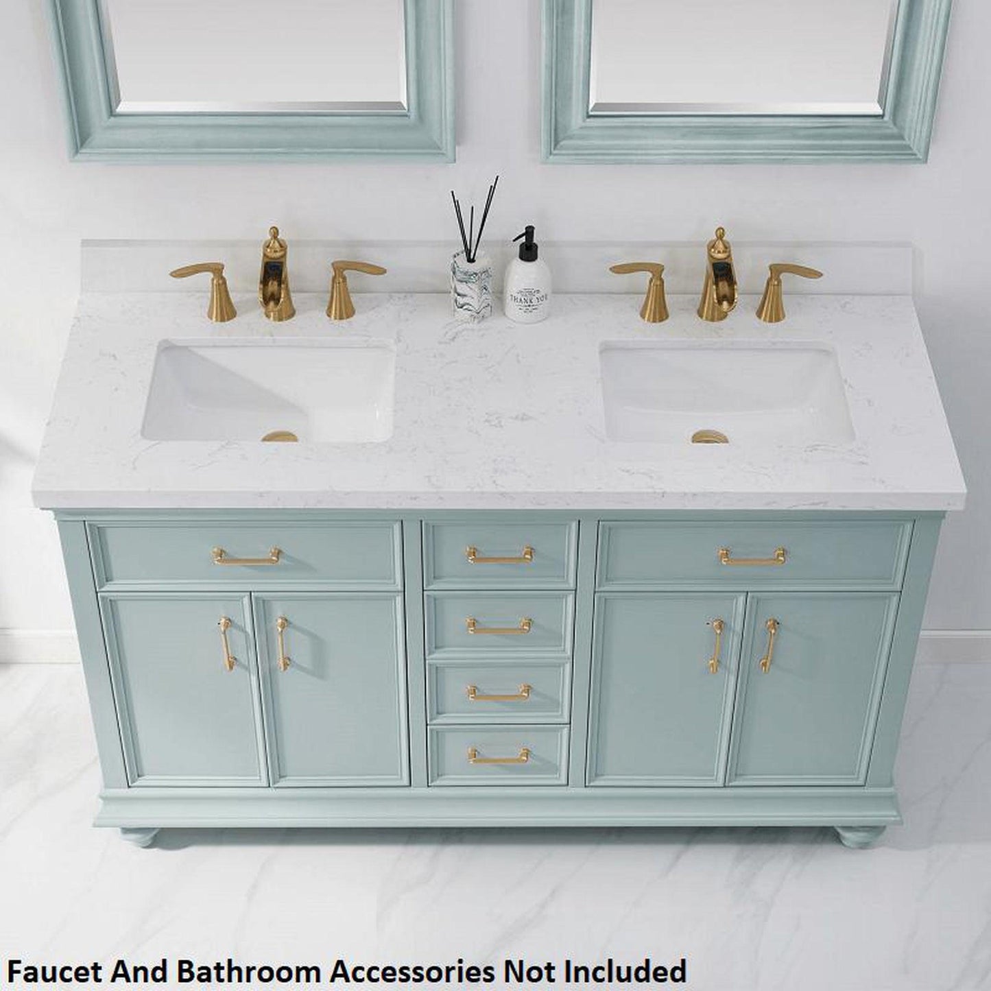 Vinnova Charlotte 60" Finnish Green Freestanding Double Vanity Set In White Carrara Composite Quartz Stone Top With Undermount Ceramic Sink, Backsplash and Mirror