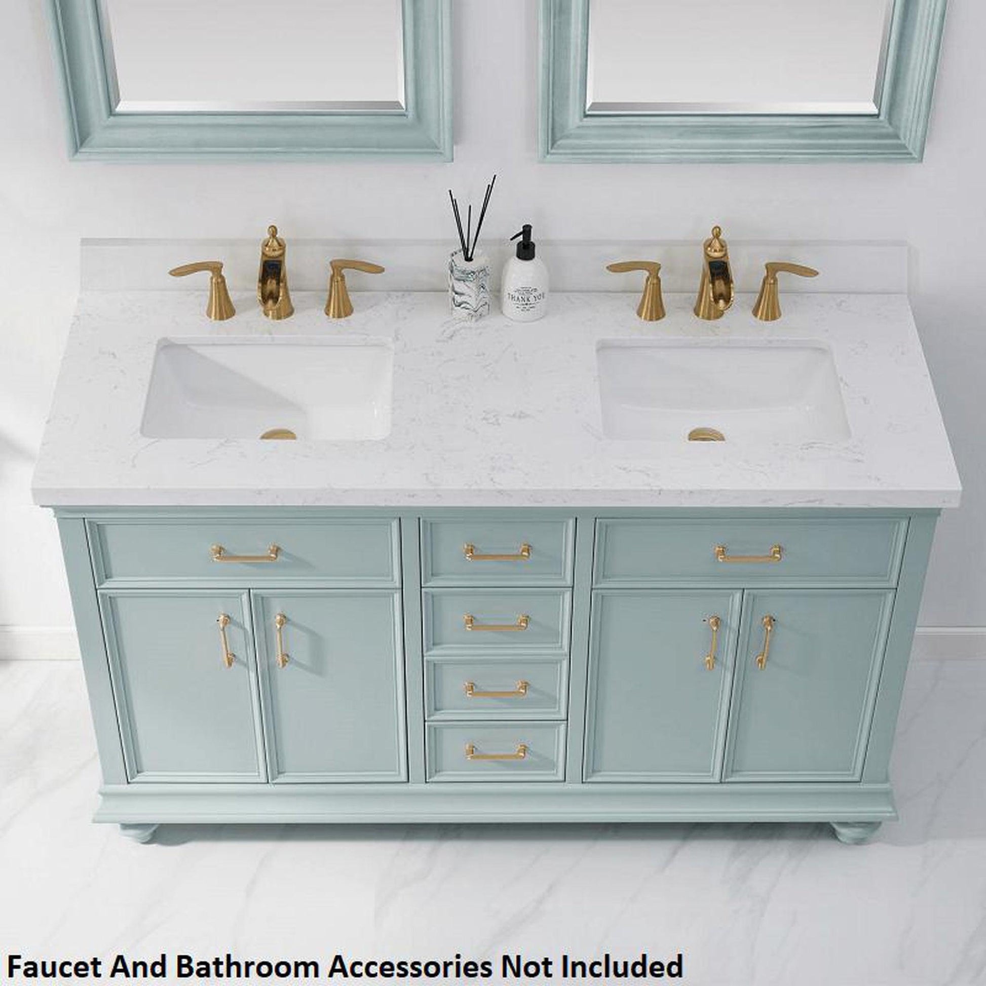 Vinnova Charlotte 60" Finnish Green Freestanding Double Vanity Set In White Carrara Composite Quartz Stone Top With Undermount Ceramic Sink, Backsplash and Mirror