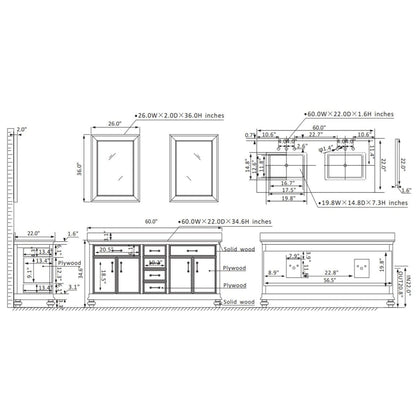 Vinnova Charlotte 60" Gray Freestanding Double Vanity Set In White Carrara Composite Quartz Stone Top With Undermount Ceramic Sink