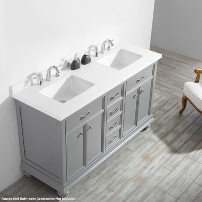 Vinnova Charlotte 60" Gray Freestanding Double Vanity Set In White Carrara Composite Quartz Stone Top With Undermount Ceramic Sink