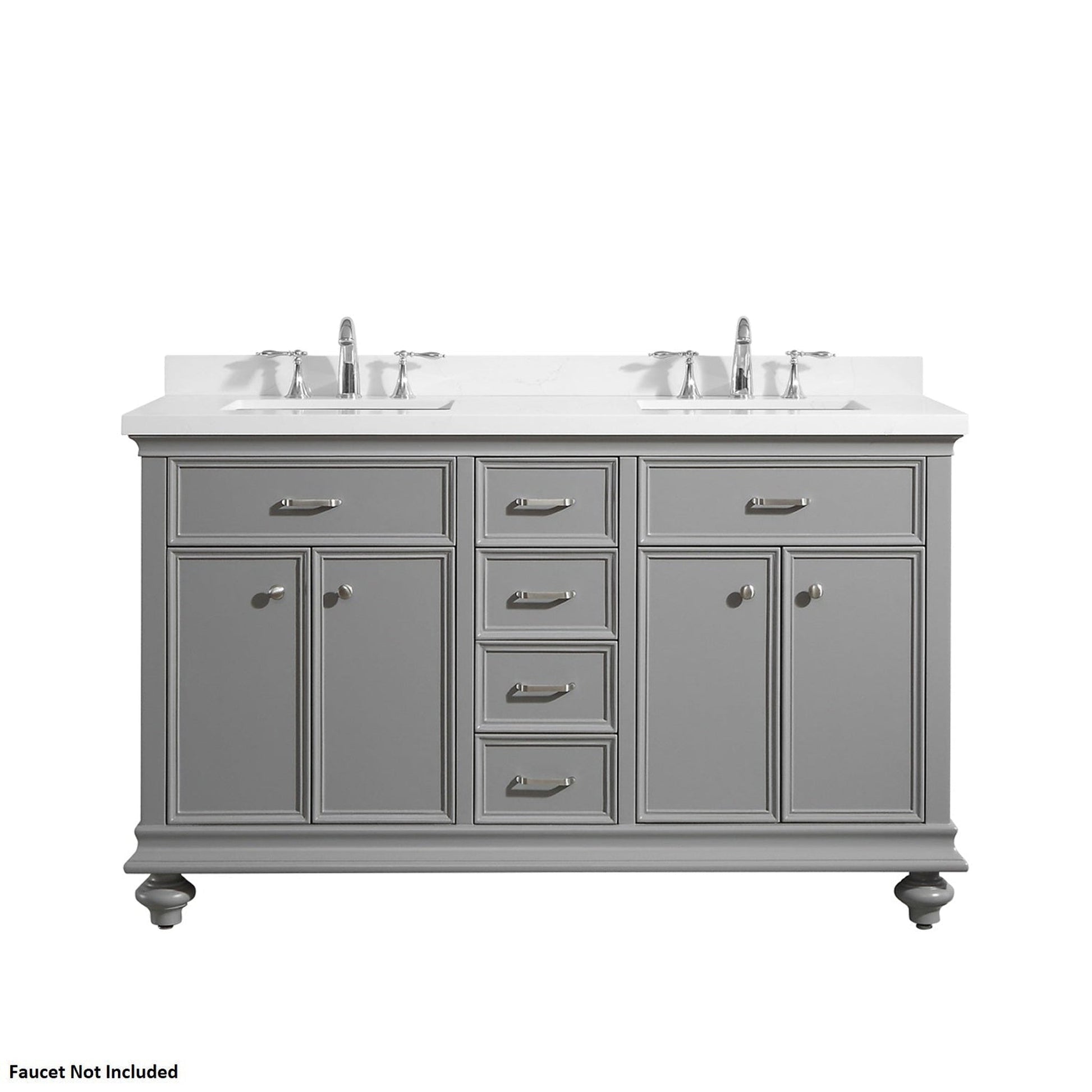 Vinnova Charlotte 60" Gray Freestanding Double Vanity Set In White Carrara Composite Quartz Stone Top With Undermount Ceramic Sink