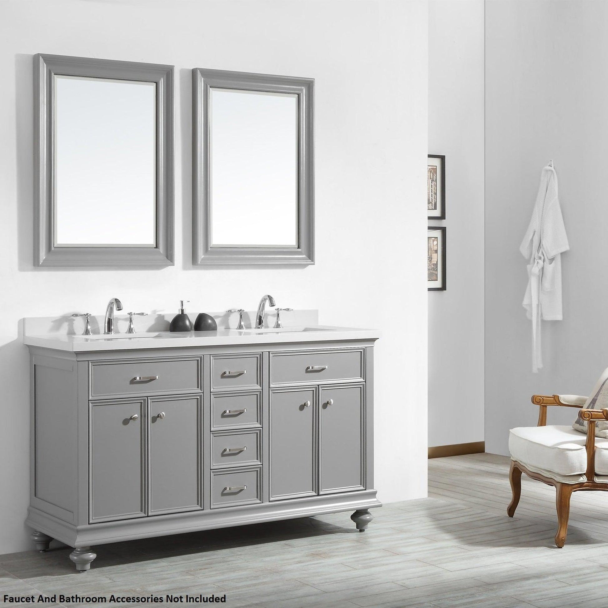 Vinnova Charlotte 60" Gray Freestanding Double Vanity Set In White Carrara Composite Quartz Stone Top With Undermount Ceramic Sink, Backsplash and Mirror