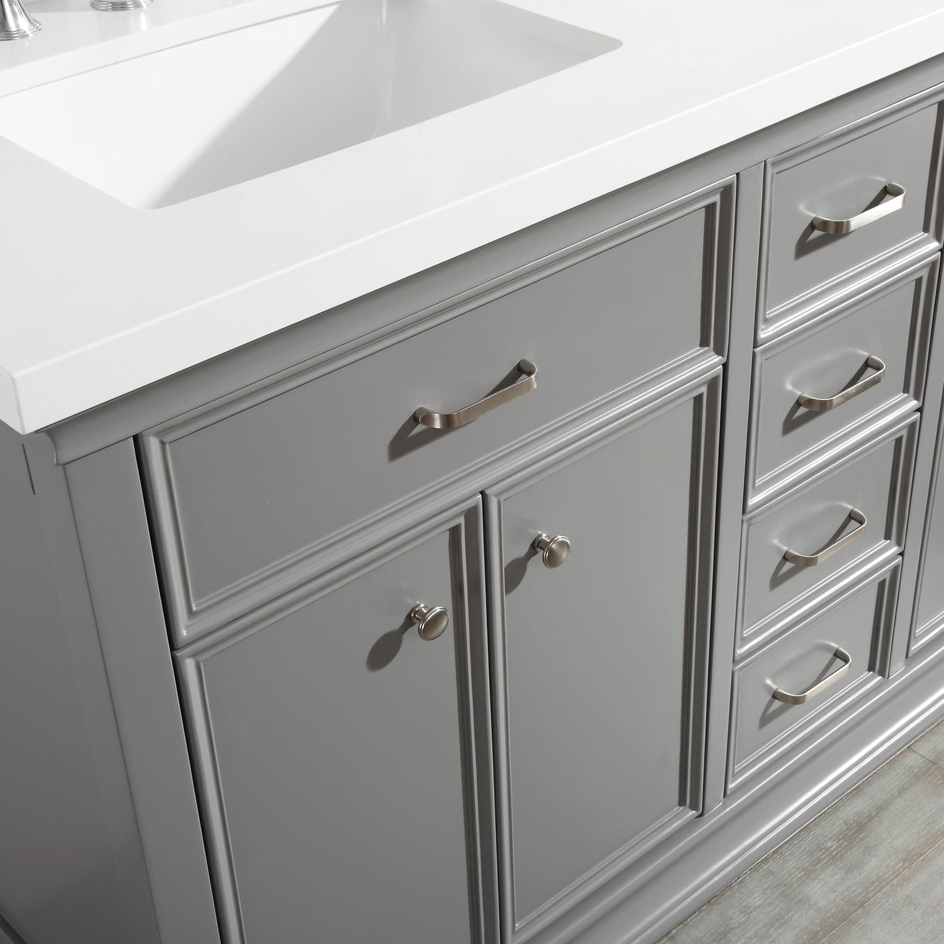 Vinnova Charlotte 60" Gray Freestanding Double Vanity Set In White Carrara Composite Quartz Stone Top With Undermount Ceramic Sink, Backsplash and Mirror