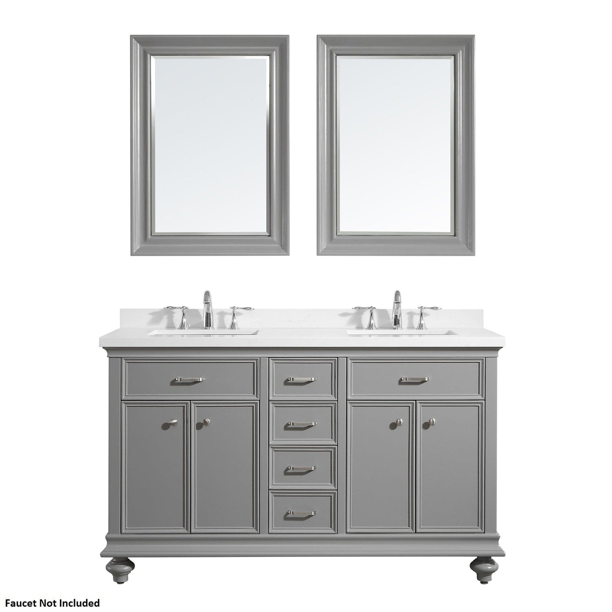 Vinnova Charlotte 60" Gray Freestanding Double Vanity Set In White Carrara Composite Quartz Stone Top With Undermount Ceramic Sink, Backsplash and Mirror