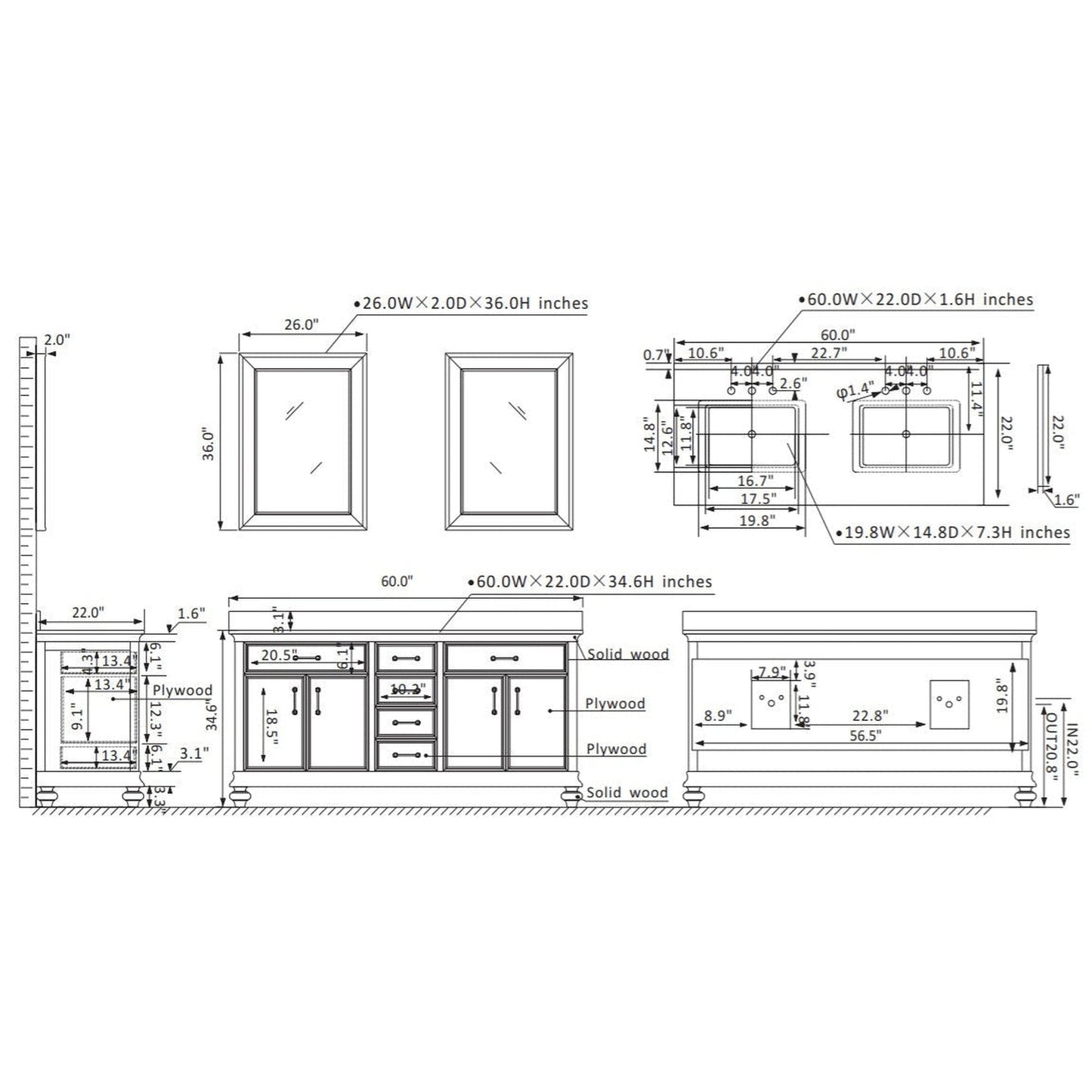 Vinnova Charlotte 60" White Freestanding Double Vanity Set In White Carrara Composite Quartz Stone Top With Undermount Ceramic Sink, Backsplash and Mirror