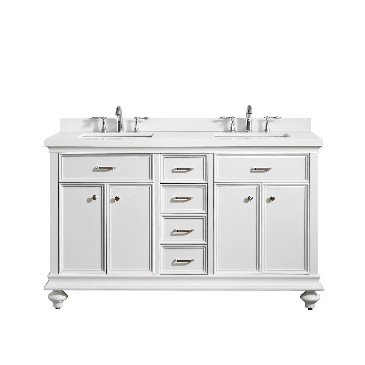 Vinnova Charlotte 60" White Freestanding Double Vanity Set In White Carrara Composite Quartz Stone Top With Undermount Ceramic Sink, Backsplash and Mirror