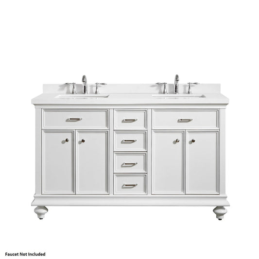 Vinnova Charlotte 60" White Freestanding Double Vanity Set In White Carrara Composite Quartz Stone Top With Undermount Ceramic Sink