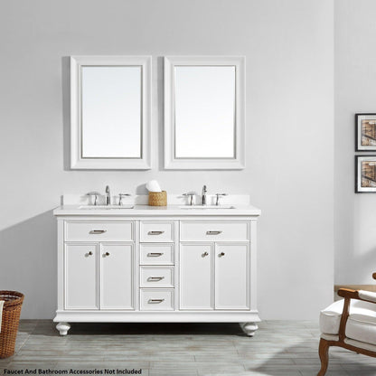 Vinnova Charlotte 60" White Freestanding Double Vanity Set In White Carrara Composite Quartz Stone Top With Undermount Ceramic Sink, Backsplash and Mirror