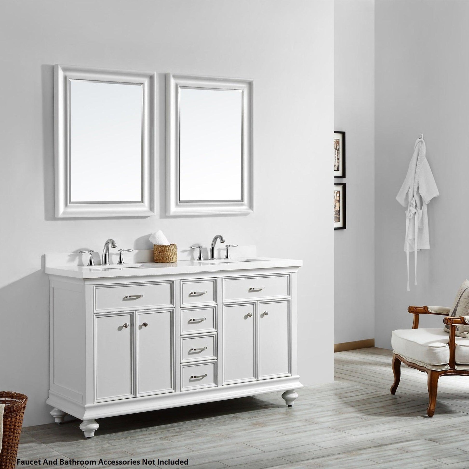 Vinnova Charlotte 60" White Freestanding Double Vanity Set In White Carrara Composite Quartz Stone Top With Undermount Ceramic Sink, Backsplash and Mirror