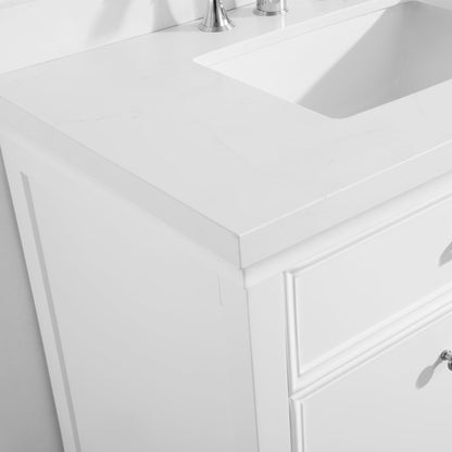 Vinnova Charlotte 60" White Freestanding Double Vanity Set In White Carrara Composite Quartz Stone Top With Undermount Ceramic Sink, Backsplash and Mirror