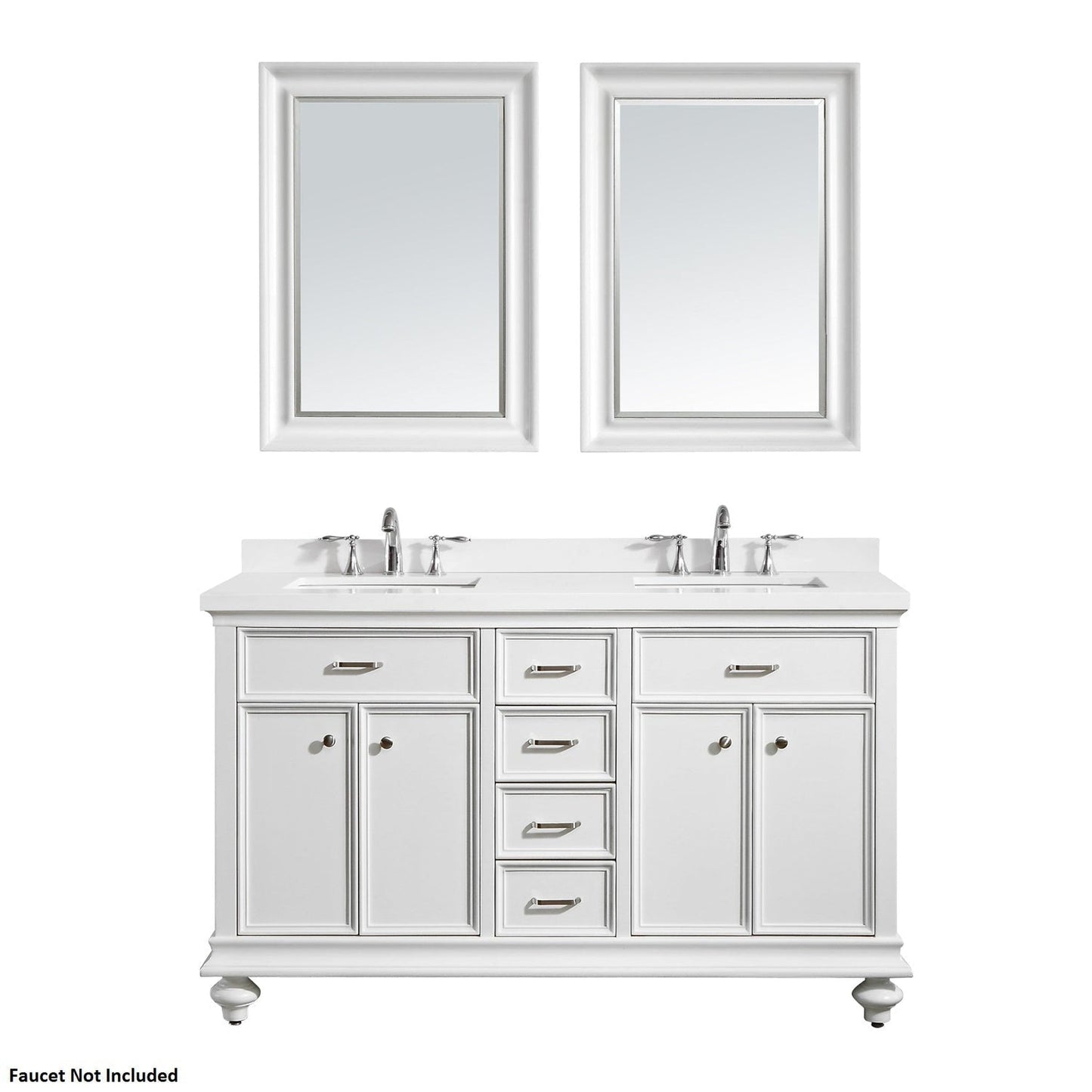 Vinnova Charlotte 60" White Freestanding Double Vanity Set In White Carrara Composite Quartz Stone Top With Undermount Ceramic Sink, Backsplash and Mirror