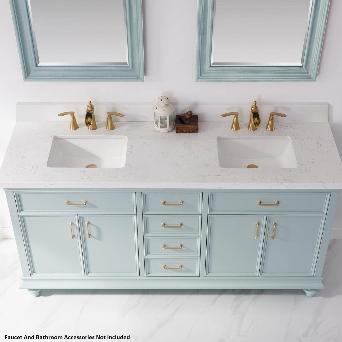 Vinnova Charlotte 72" Finnish Green Freestanding Double Vanity Set In White Carrara Composite Quartz Stone Top With Undermount Ceramic Sink, Backsplash and Mirror