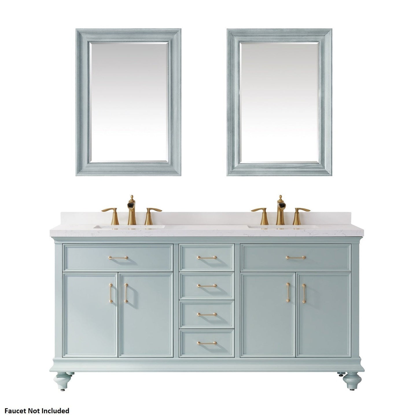 Vinnova Charlotte 72" Finnish Green Freestanding Double Vanity Set In White Carrara Composite Quartz Stone Top With Undermount Ceramic Sink, Backsplash and Mirror