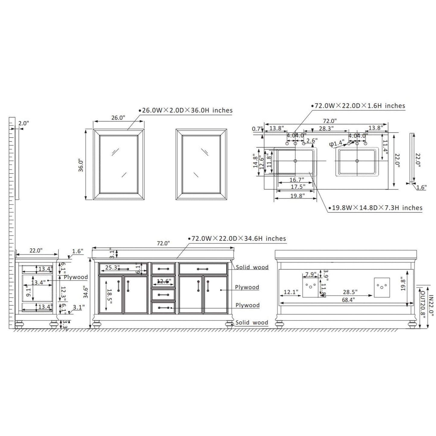 Vinnova Charlotte 72" Gray Freestanding Double Vanity Set In White Carrara Composite Quartz Stone Top With Undermount Ceramic Sink, Backsplash and Mirror