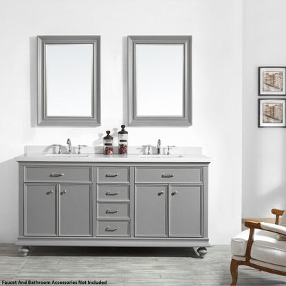Vinnova Charlotte 72" Gray Freestanding Double Vanity Set In White Carrara Composite Quartz Stone Top With Undermount Ceramic Sink, Backsplash and Mirror