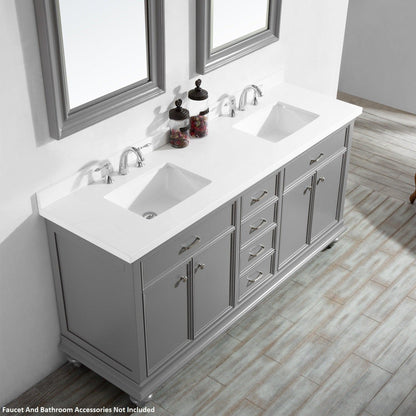 Vinnova Charlotte 72" Gray Freestanding Double Vanity Set In White Carrara Composite Quartz Stone Top With Undermount Ceramic Sink, Backsplash and Mirror