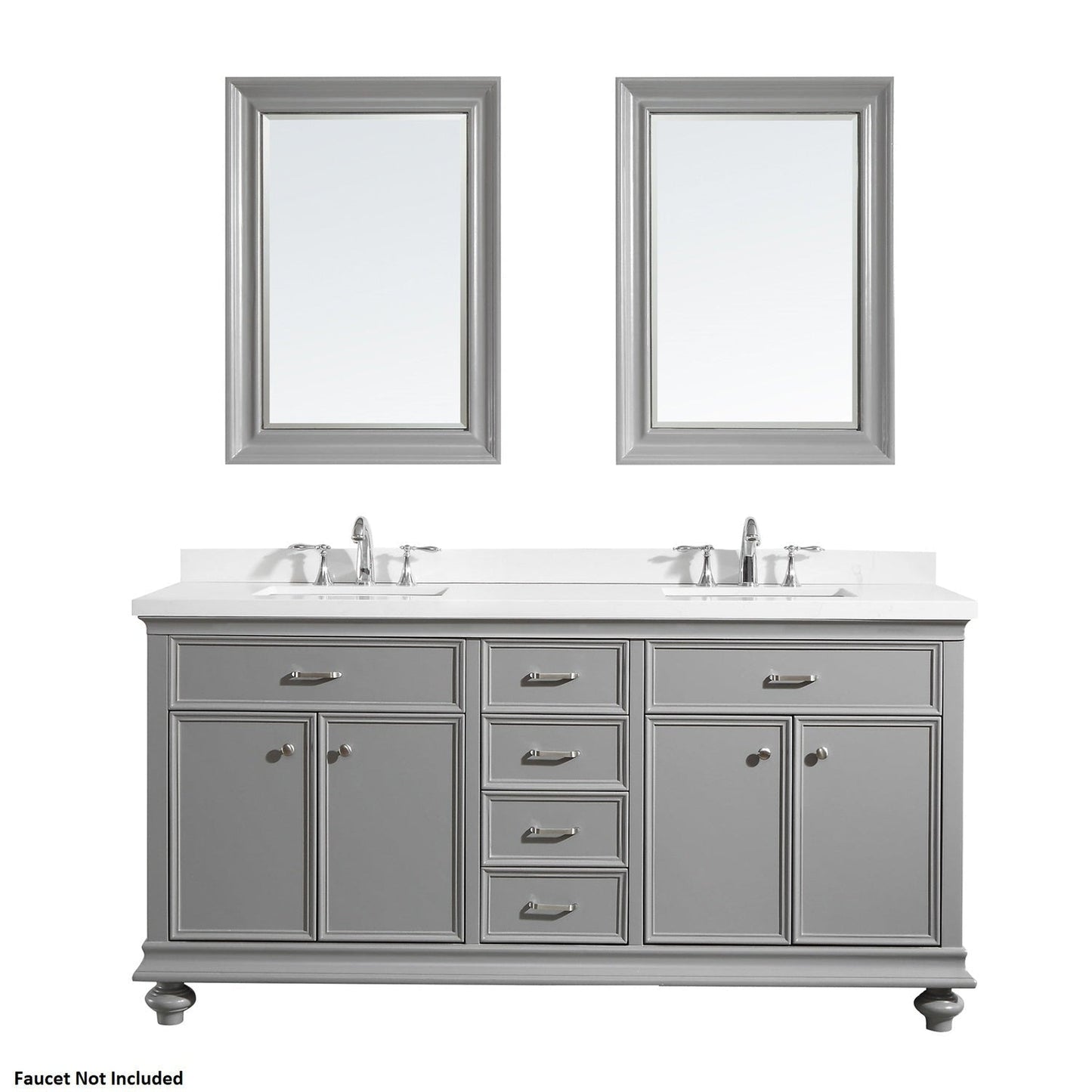 Vinnova Charlotte 72" Gray Freestanding Double Vanity Set In White Carrara Composite Quartz Stone Top With Undermount Ceramic Sink, Backsplash and Mirror