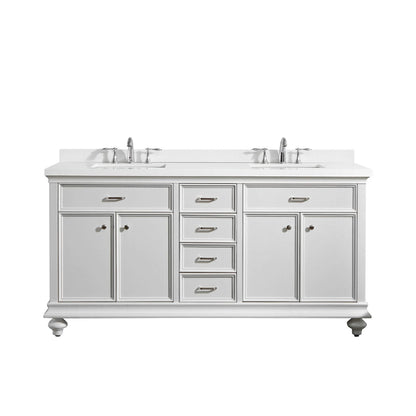 Vinnova Charlotte 72" White Freestanding Double Vanity Set In White Carrara Composite Quartz Stone Top With Undermount Ceramic Sink, Backsplash and Mirror