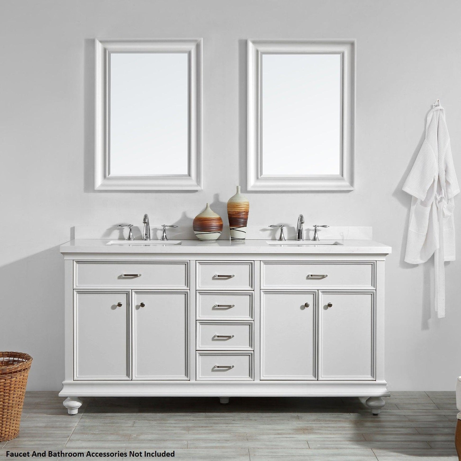 Vinnova Charlotte 72" White Freestanding Double Vanity Set In White Carrara Composite Quartz Stone Top With Undermount Ceramic Sink, Backsplash and Mirror