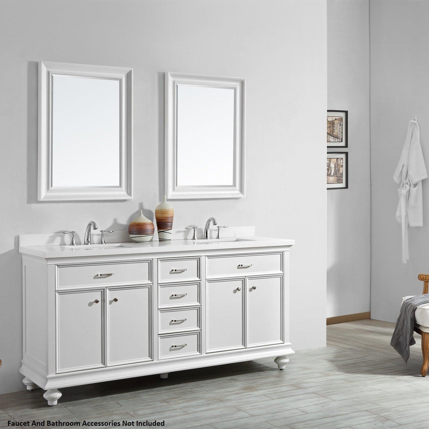 Vinnova Charlotte 72" White Freestanding Double Vanity Set In White Carrara Composite Quartz Stone Top With Undermount Ceramic Sink, Backsplash and Mirror