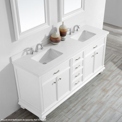 Vinnova Charlotte 72" White Freestanding Double Vanity Set In White Carrara Composite Quartz Stone Top With Undermount Ceramic Sink, Backsplash and Mirror