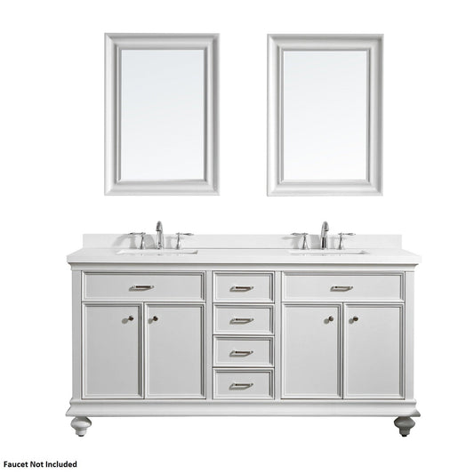 Vinnova Charlotte 72" White Freestanding Double Vanity Set In White Carrara Composite Quartz Stone Top With Undermount Ceramic Sink, Backsplash and Mirror