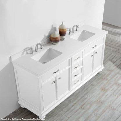 Vinnova Charlotte 72" White Freestanding Double Vanity Set In White Carrara Composite Quartz Stone Top With Undermount Ceramic Sink and Backsplash