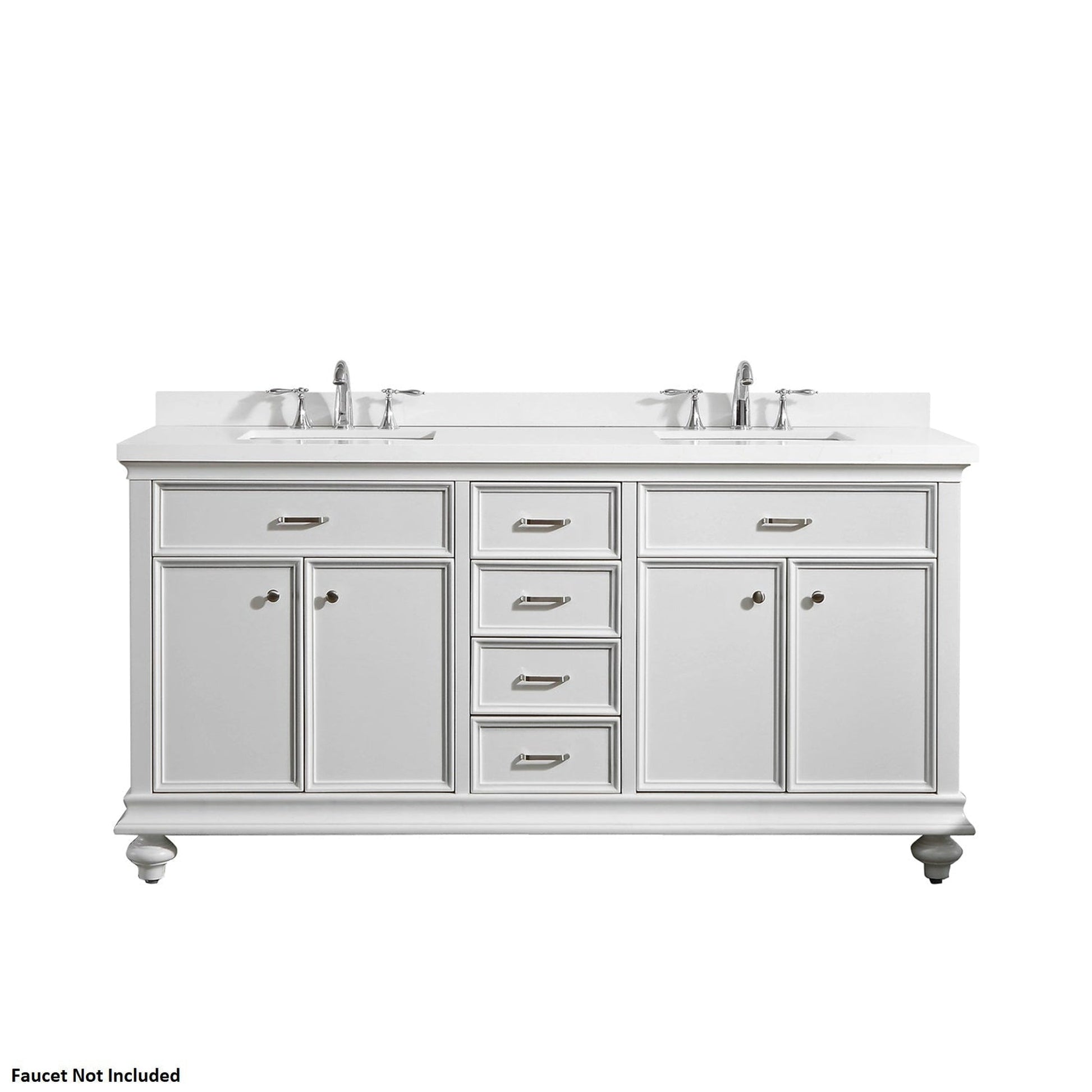 Vinnova Charlotte 72" White Freestanding Double Vanity Set In White Carrara Composite Quartz Stone Top With Undermount Ceramic Sink and Backsplash