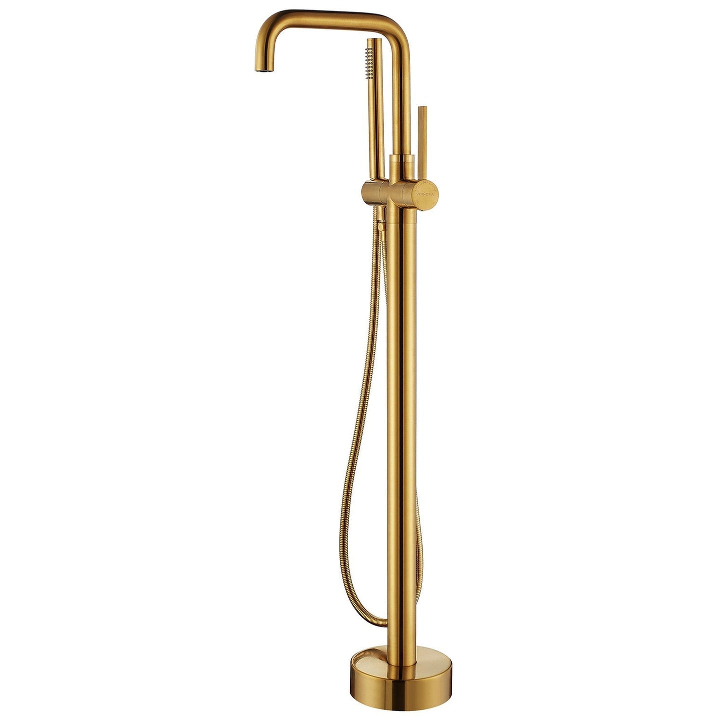 Vinnova Delara 42" Single Hole Brushed Gold Freestanding Tub Filler Faucet With Hand Shower