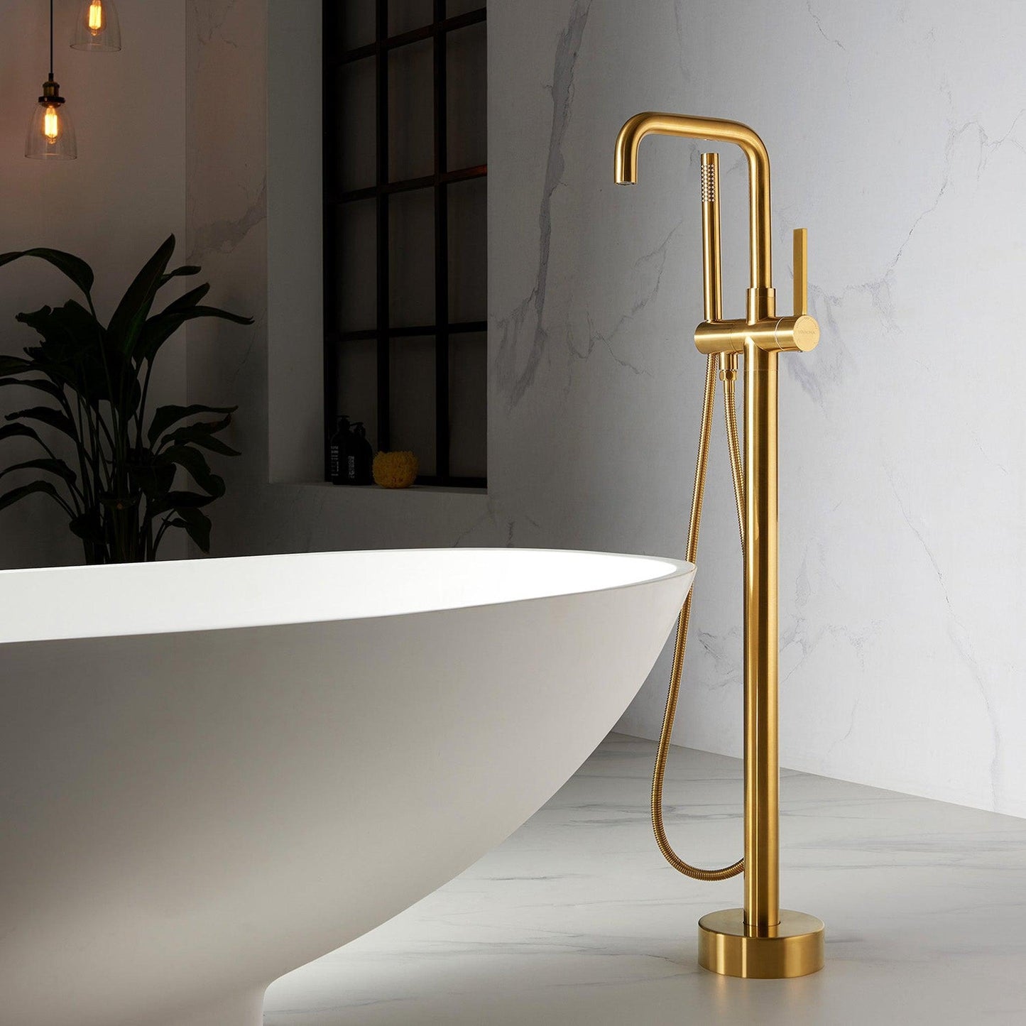 Vinnova Delara 42" Single Hole Brushed Gold Freestanding Tub Filler Faucet With Hand Shower