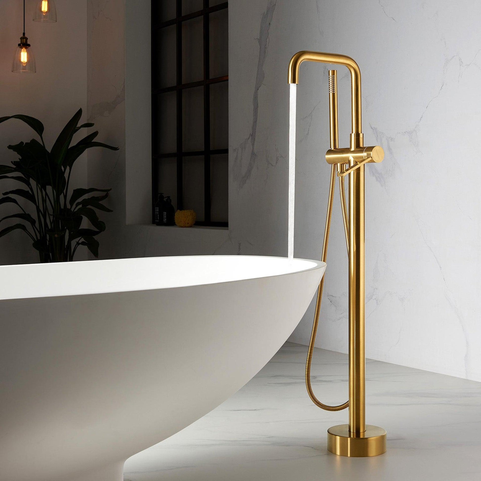 Vinnova Delara 42" Single Hole Brushed Gold Freestanding Tub Filler Faucet With Hand Shower