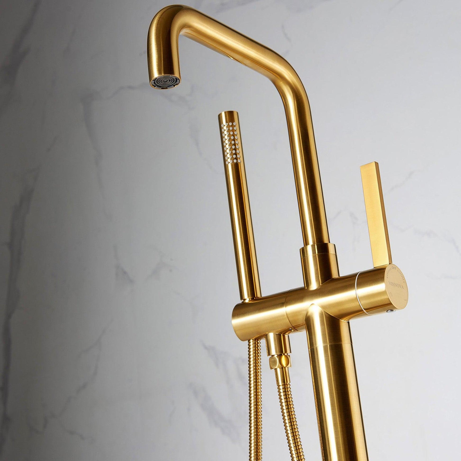 Vinnova Delara 42" Single Hole Brushed Gold Freestanding Tub Filler Faucet With Hand Shower