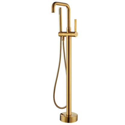 Vinnova Delara 42" Single Hole Brushed Gold Freestanding Tub Filler Faucet With Hand Shower