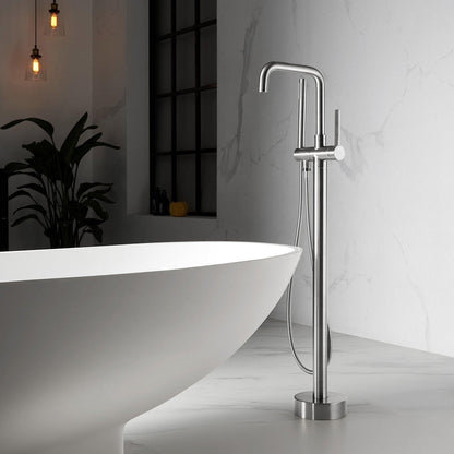 Vinnova Delara 42" Single Hole Brushed Nickel Freestanding Tub Filler Faucet With Hand Shower