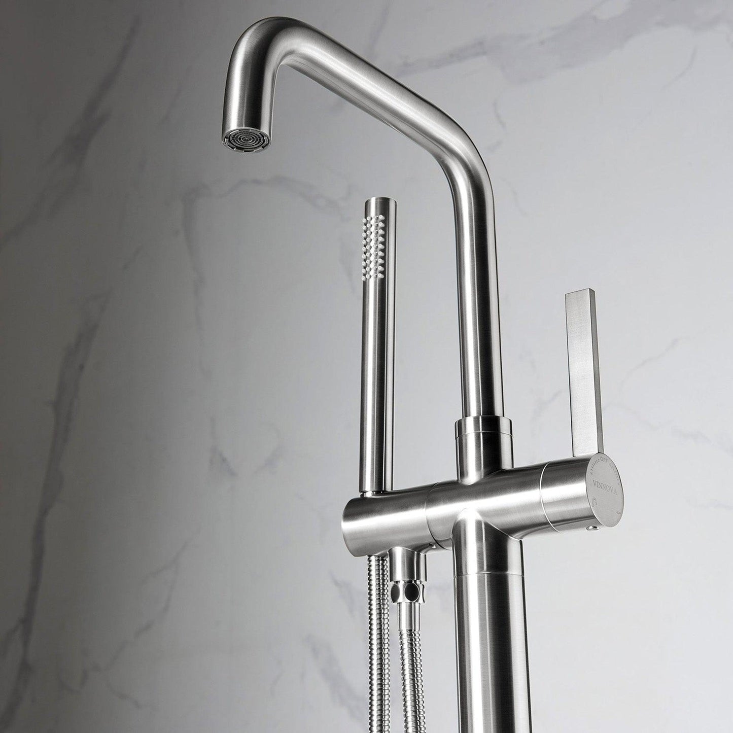 Vinnova Delara 42" Single Hole Brushed Nickel Freestanding Tub Filler Faucet With Hand Shower