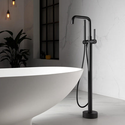 Vinnova Delara 42" Single Hole Matte Black Freestanding Tub Filler Faucet With Hand Shower