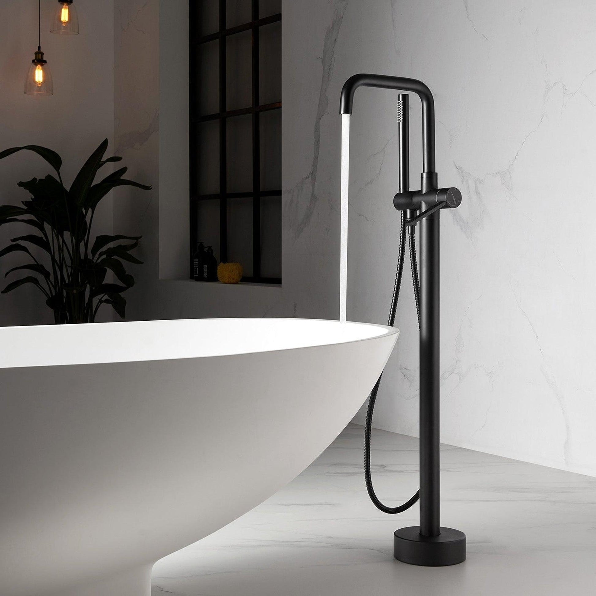 Vinnova Delara 42" Single Hole Matte Black Freestanding Tub Filler Faucet With Hand Shower