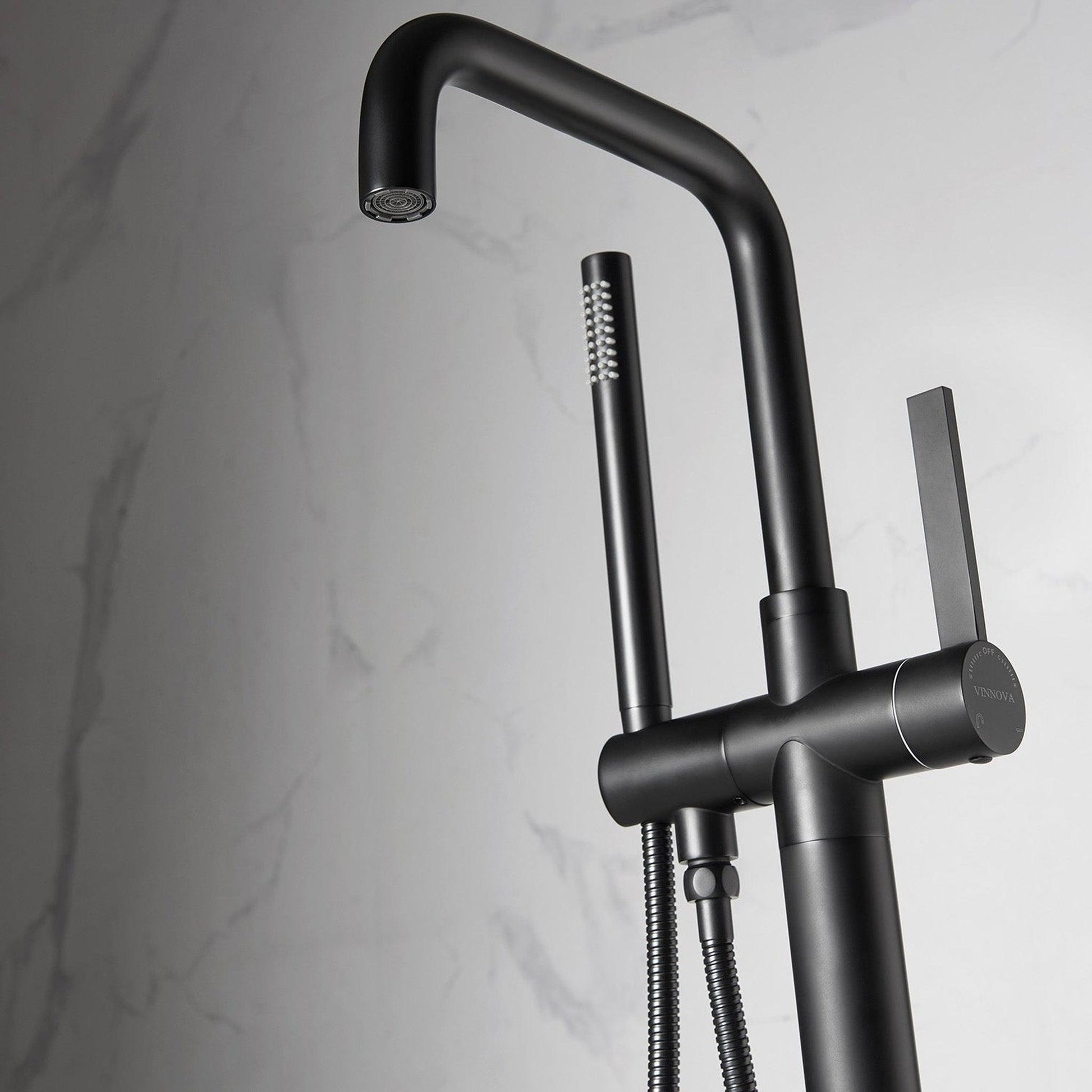 Vinnova Delara 42" Single Hole Matte Black Freestanding Tub Filler Faucet With Hand Shower