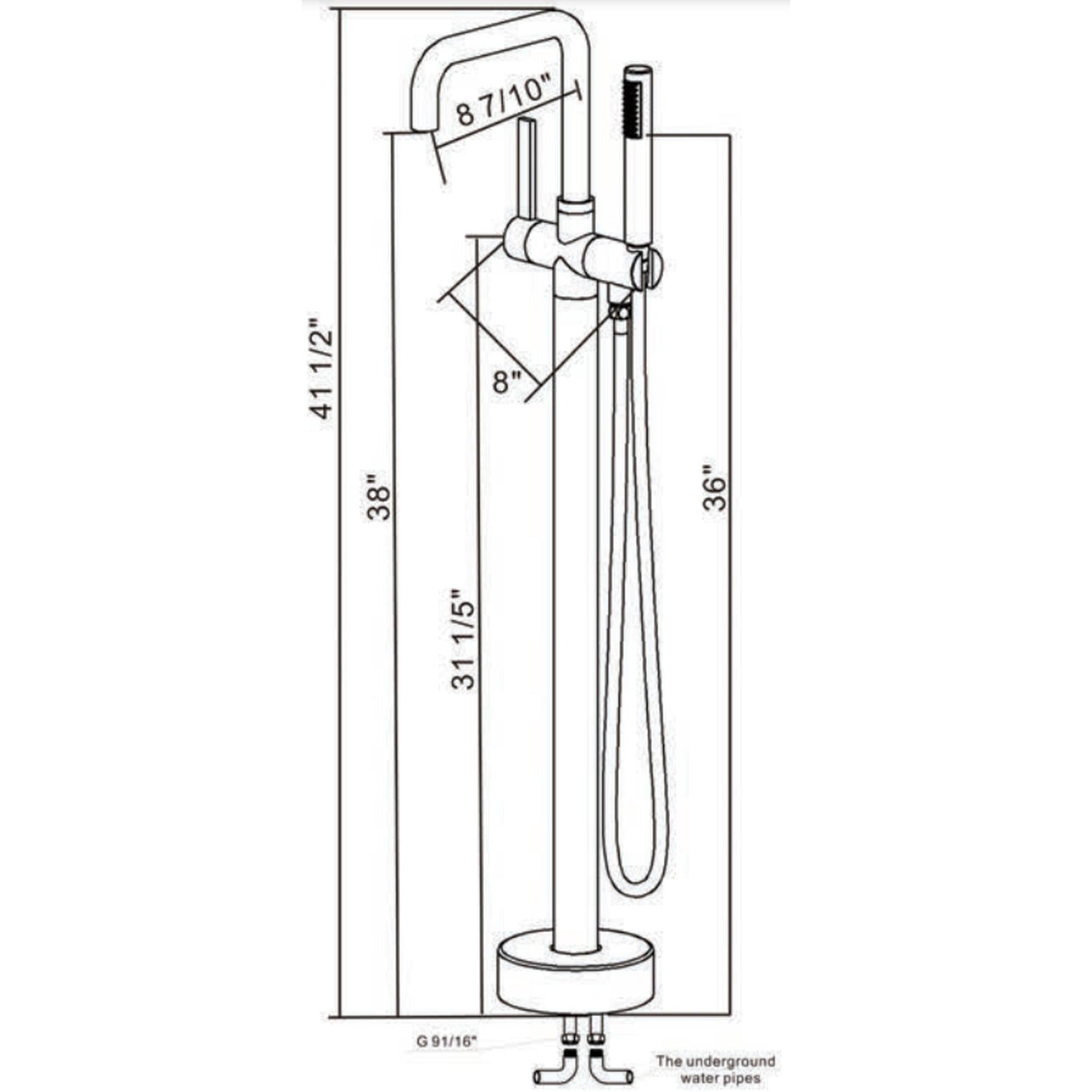 Vinnova Delara 42" Single Hole Polished Chrome Freestanding Tub Filler Faucet With Hand Shower