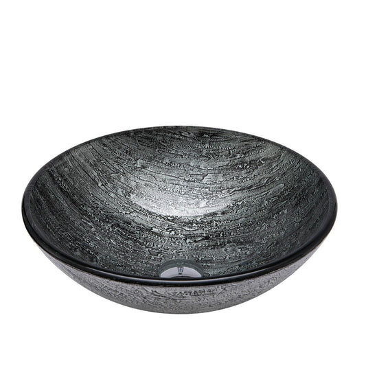 Vinnova Enna 17" Black Tree Bark Circular Tempered Glass Painted by Hand Vessel Bathroom Sink Without Faucet