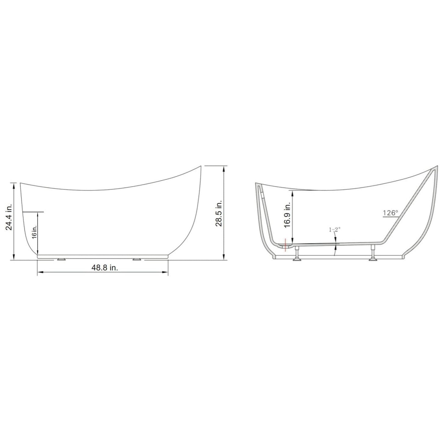 Vinnova Everlie 71" x 35" White Rectangular Freestanding Single Slipper Soaking Acrylic Bathtub
