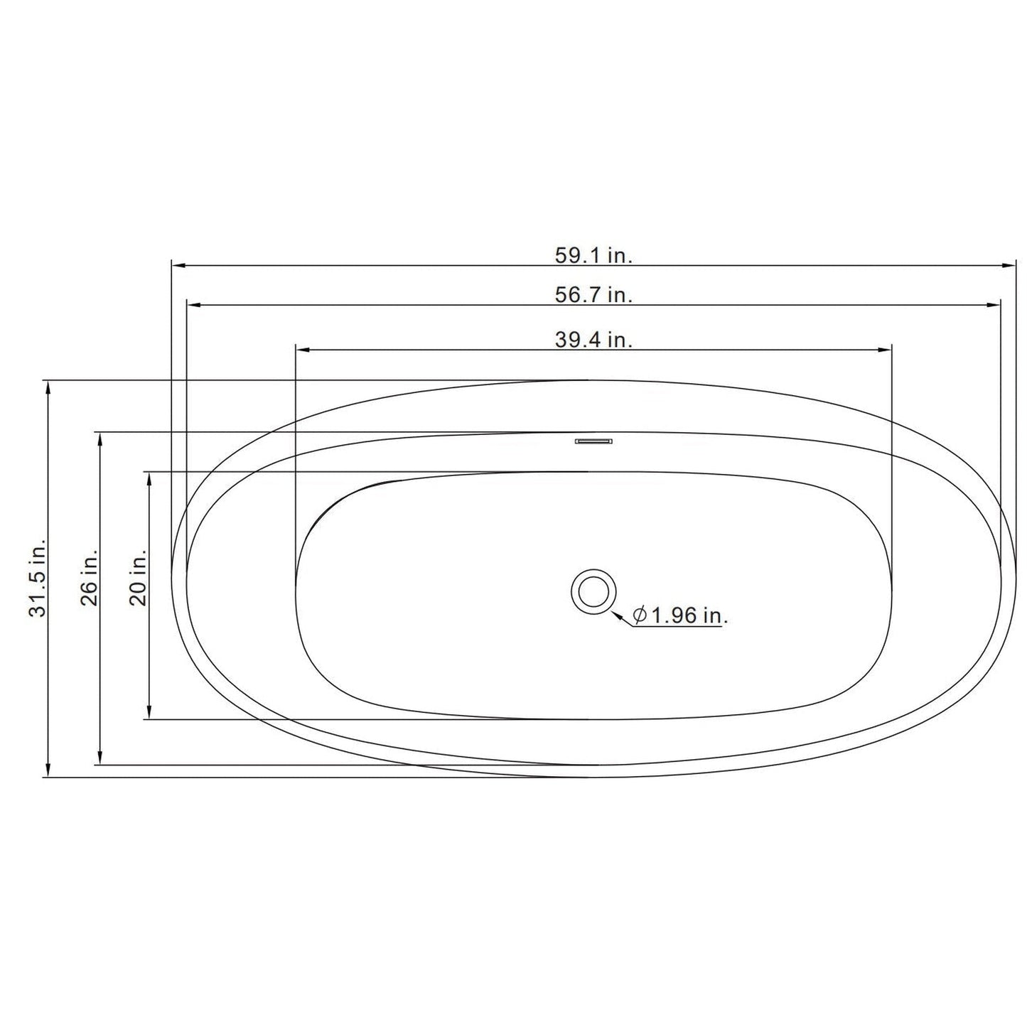 Vinnova Everly 59" x 32" White Oval Freestanding Soaking Acrylic Bathtub