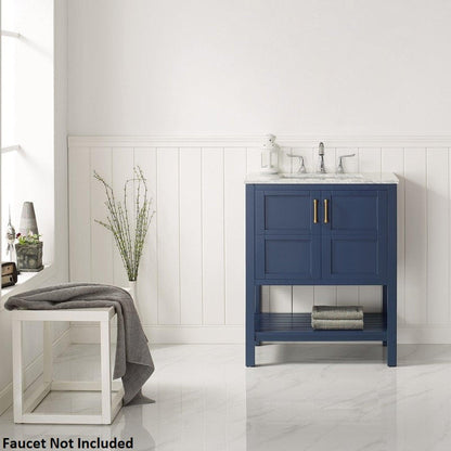 Vinnova Florence 30" Royal Blue Freestanding Single Vanity Set In White Carrara Marble Top With Undermount Ceramic Sink