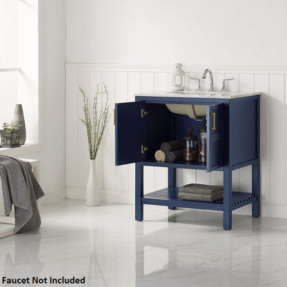 Vinnova Florence 30" Royal Blue Freestanding Single Vanity Set In White Carrara Marble Top With Undermount Ceramic Sink