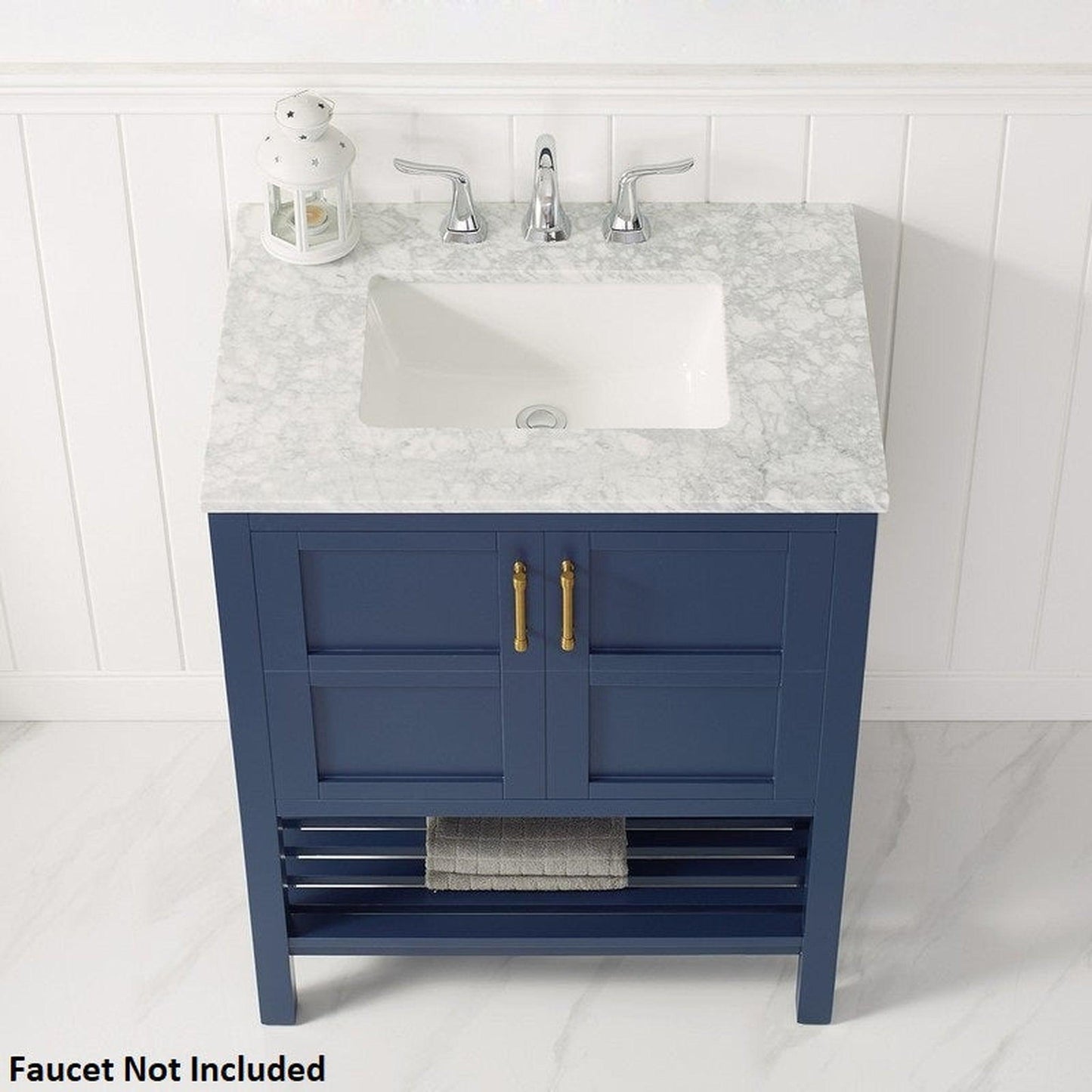 Vinnova Florence 30" Royal Blue Freestanding Single Vanity Set In White Carrara Marble Top With Undermount Ceramic Sink