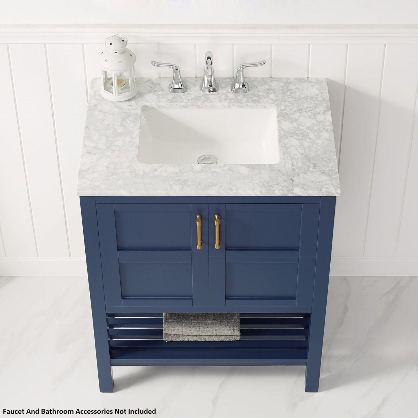 Vinnova Florence 30" Royal Blue Freestanding Single Vanity Set In White Carrara Marble Top With Undermount Ceramic Sink and Mirror