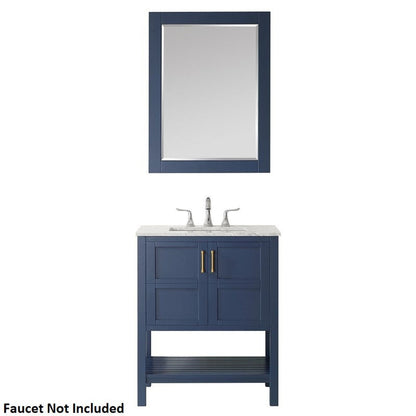 Vinnova Florence 30" Royal Blue Freestanding Single Vanity Set In White Carrara Marble Top With Undermount Ceramic Sink and Mirror