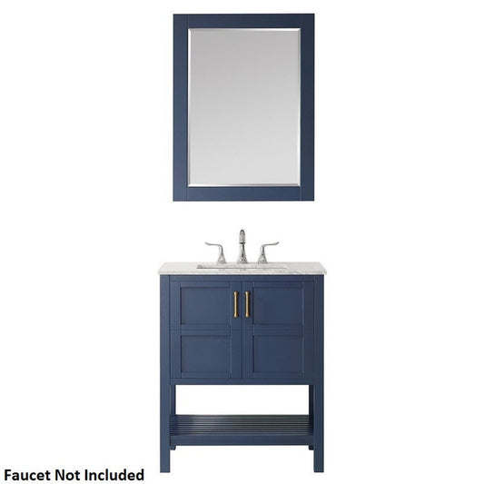 Vinnova Florence 30" Royal Blue Freestanding Single Vanity Set In White Carrara Marble Top With Undermount Ceramic Sink and Mirror