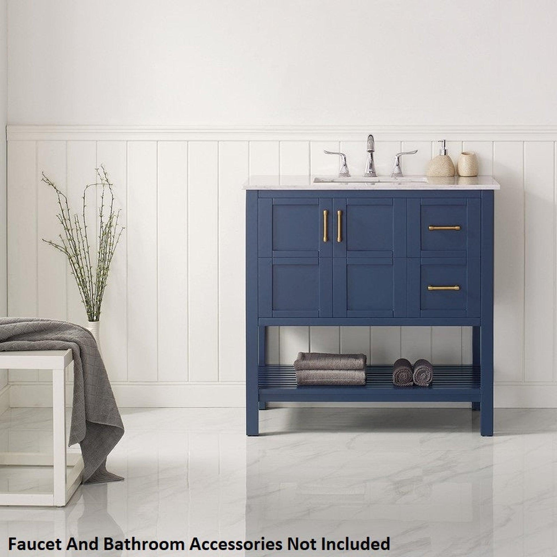 Vinnova Florence 36" Royal Blue Freestanding Single Vanity Set In White Carrara Marble Top With Undermount Ceramic Sink